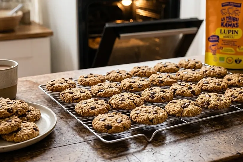 les cookies au lupin torréfié et pépites de chocolat tout chauds sortant du four, miam la recette de La Tribu des kawas !